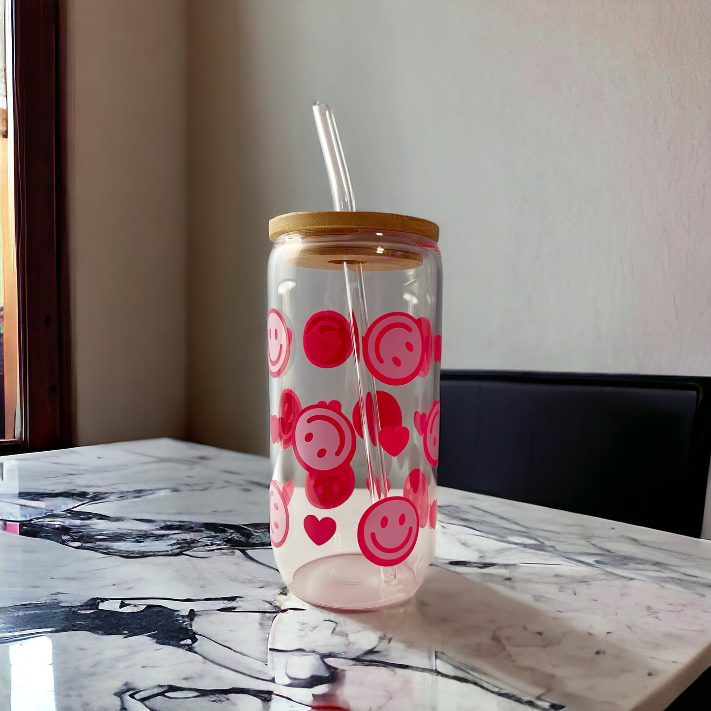 Smiley Faces + Hearts Glass Tumbler